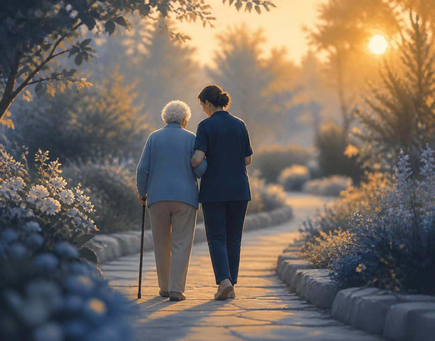 A caregiver walking arm in arm with an older family member along a garden path at sunset